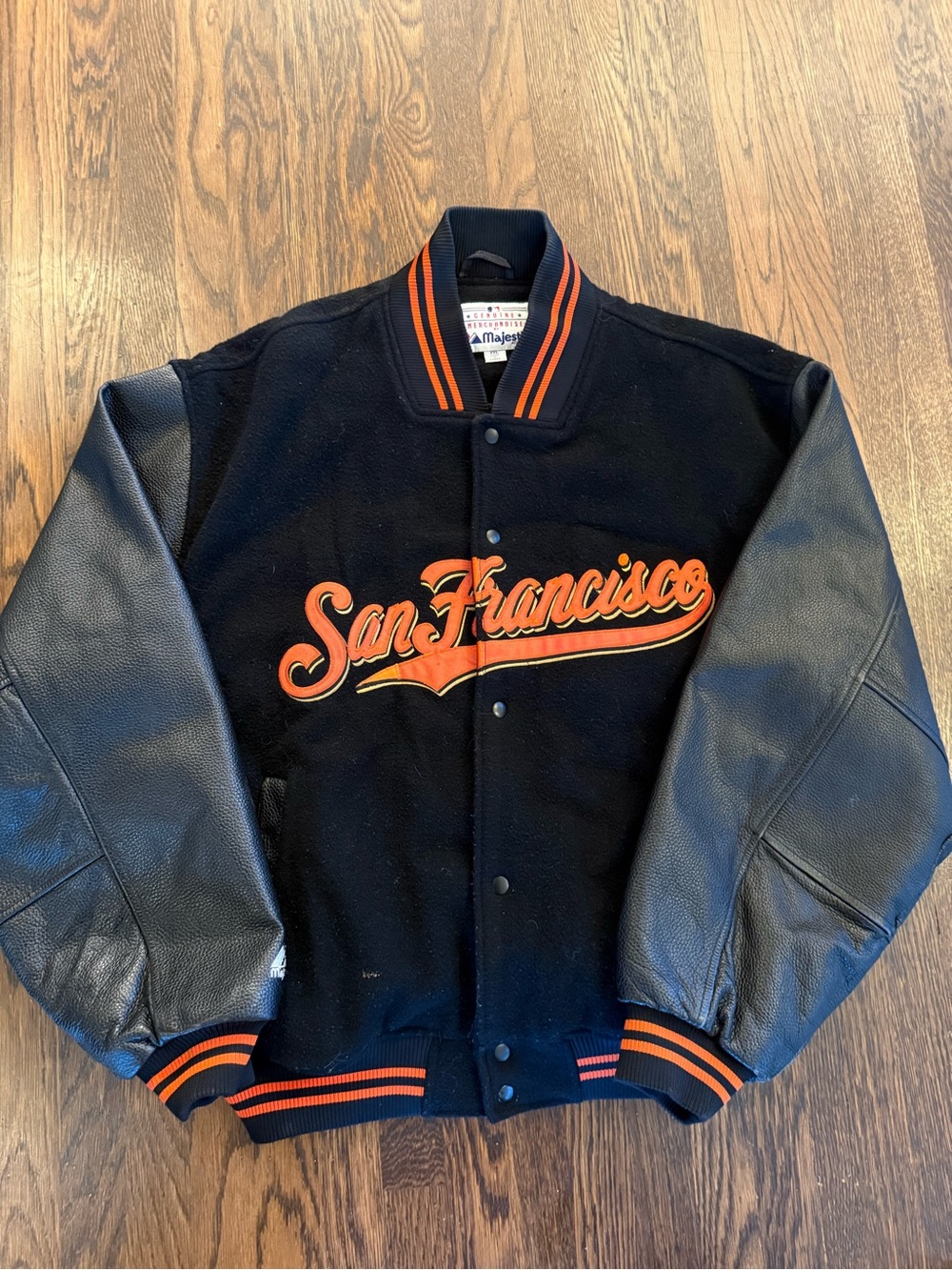 Vintage 90s Majestic Black and Orange San Francisco Varsity Jacket